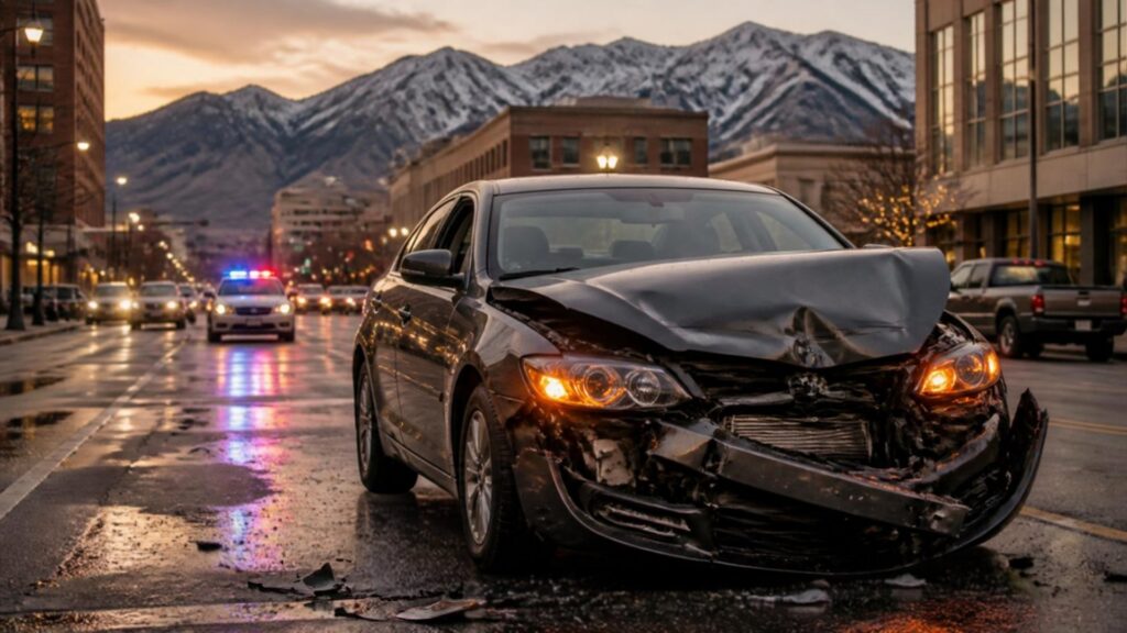 A damaged sedan on a wet downtown street at dusk with a police car behind